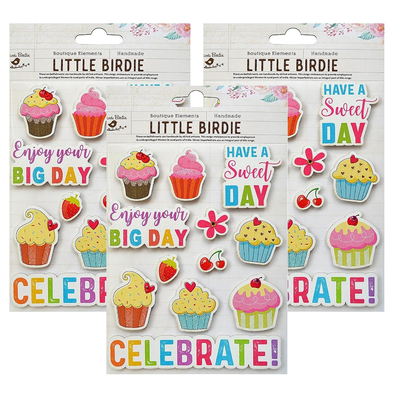 Pack of 3 - Little Birdie Sticker Embellishment 12/Pkg-Cupcake Treats